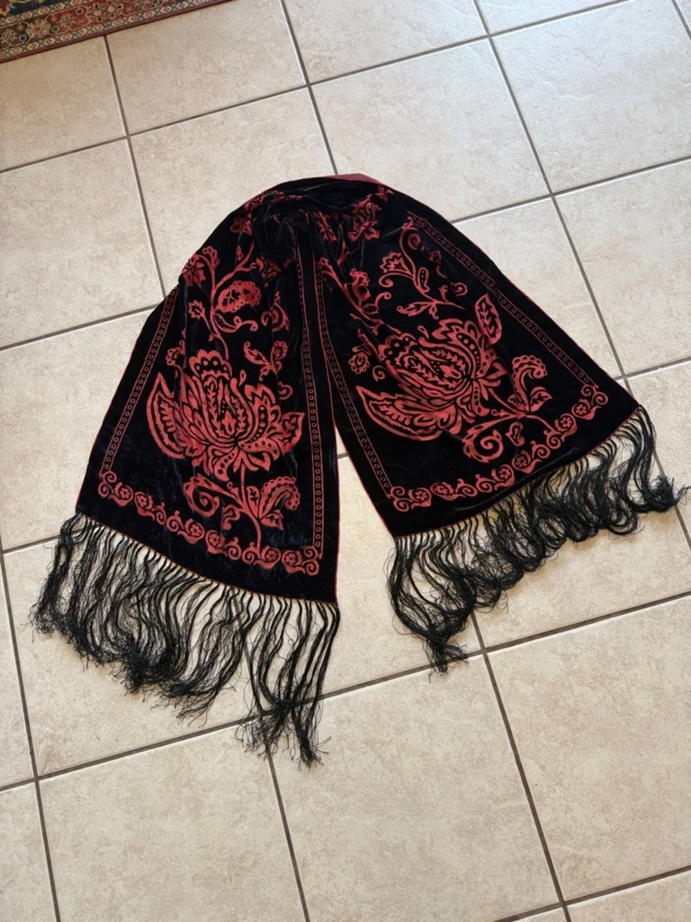Black and Red Floral Velvet Fringe Scarf - Women Accessories